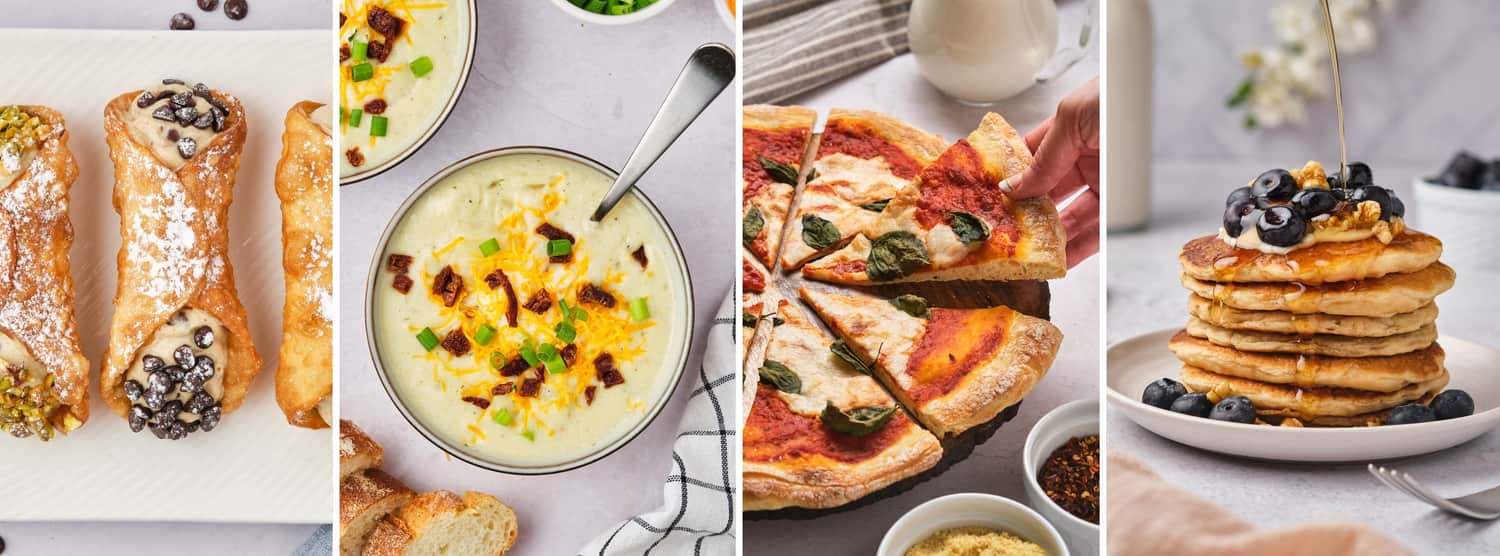Four vegan dishes: cannoli, potato soup, pizza, and protein pancakes.