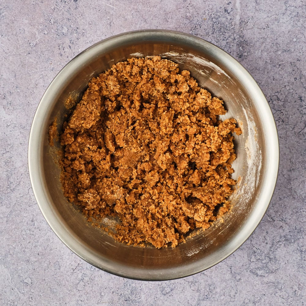 Cinnamon streusel, mixed in a small mixing bowl.
