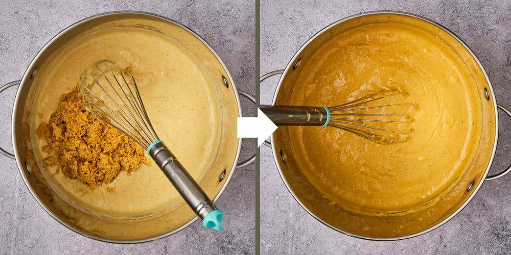 Cashew cream and vegan cheese in a pot with a whisk before (left) and after (right) fully melting.