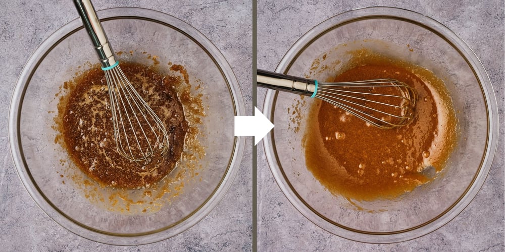 The wet ingredients for vegan chocolate chip cookies in a large mixing bowl, before (left) and after (right) whisking.