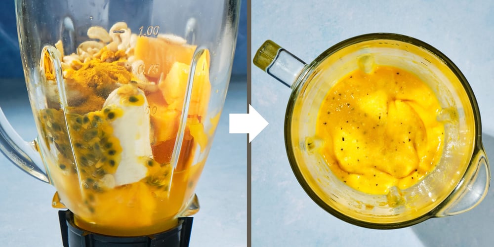 Left: Smoothie ingredients in a blender jar; Right: Smoothie ingredients blended into a mango smoothie.
