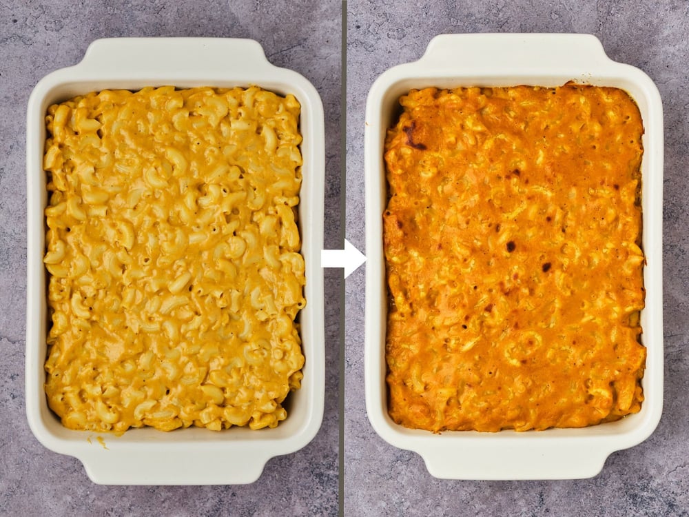 Vegan mac and cheese in a casserole dish, before (left) and after (right) baking.