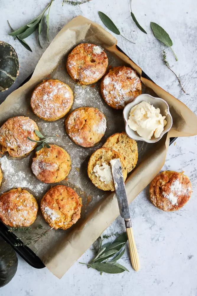 Vegan Pumpkin Scones on a baking tray.