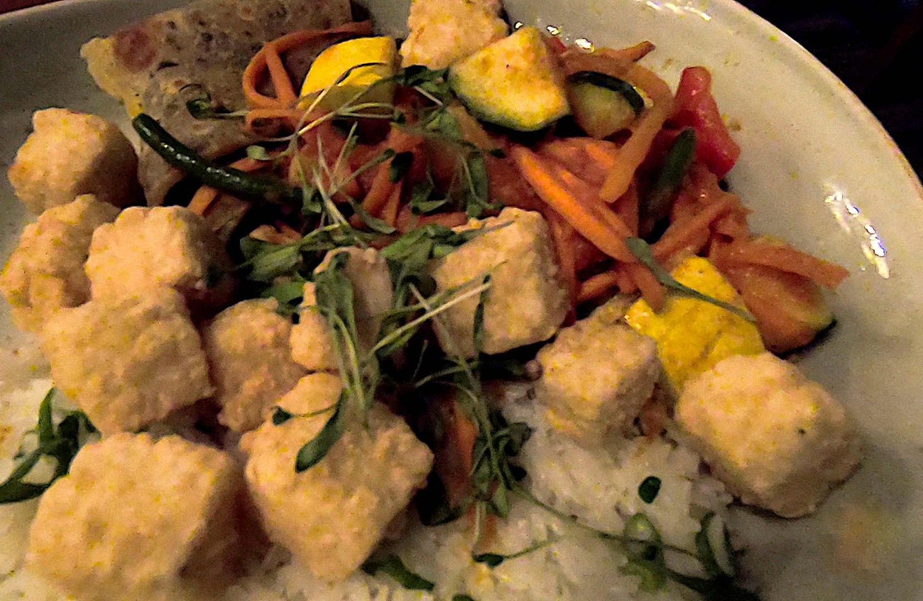The curried vegetable crew stew is a big dish with a lot of tofu. It could definitely be shared by two people (as we did). 