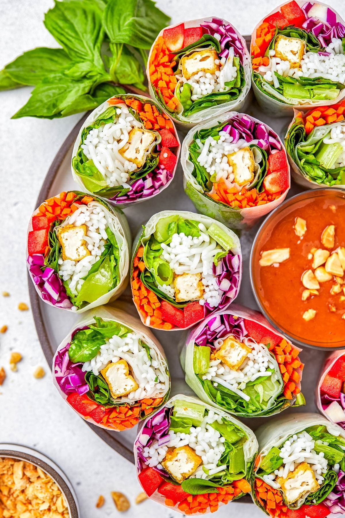 Tofu spring rolls on a plate with a bowl of hoisin peanut saude. 
