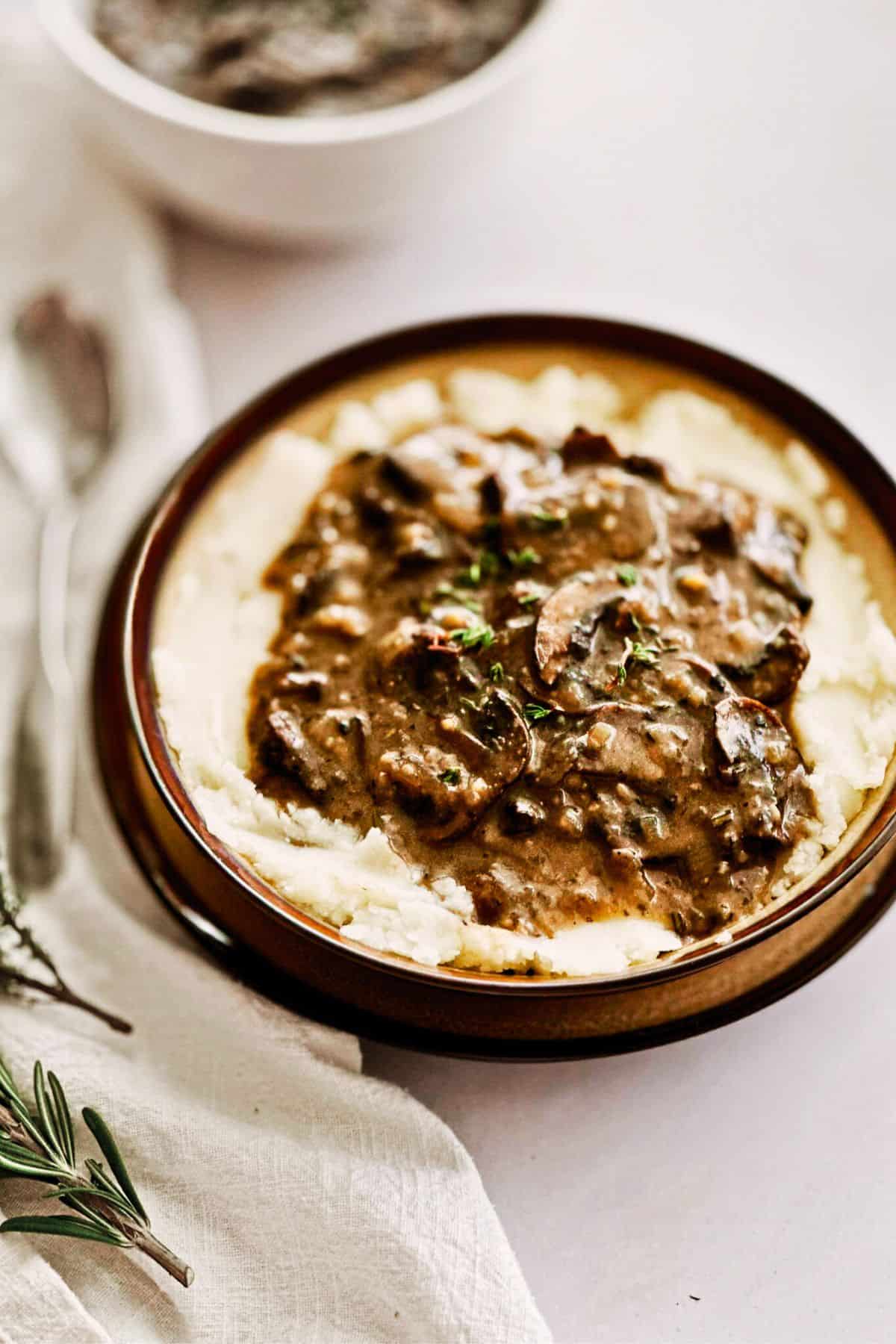 Vegan mushroom gravy served over mashed potatoes.
