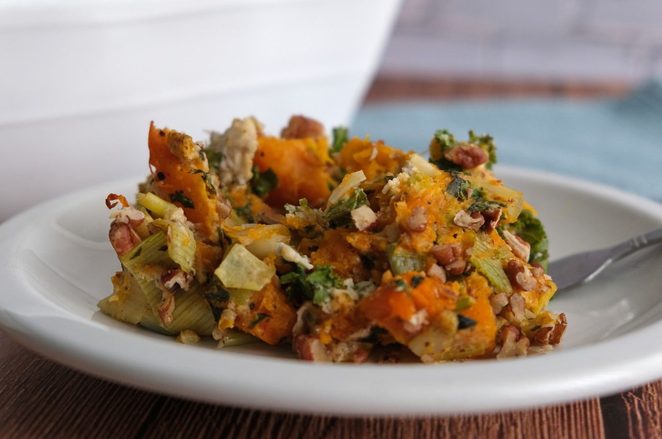 With leeks, cashew cheese, kale, and pecans, this butternut squash casserole works as a vegan main dish or a side!