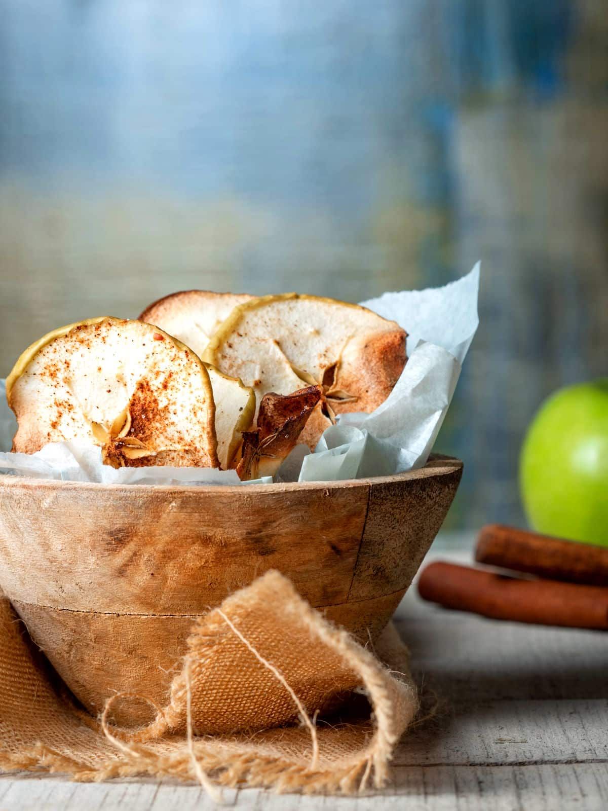 A bowl of cinnamon apple chips.