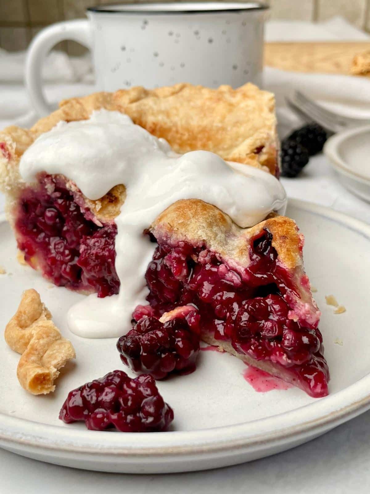 A slice of vegan blackberry pie on a plate, topped with vegan vanilla ice cream.