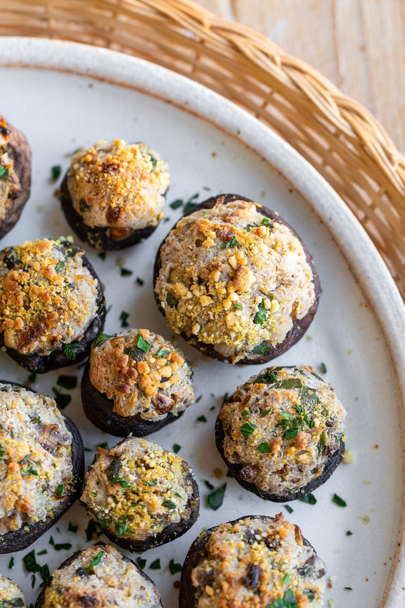 Vegan stuffed mushrooms on a plate.