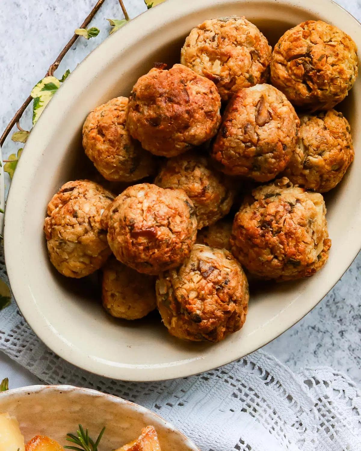 Vegan stuffing balls in a large platter.