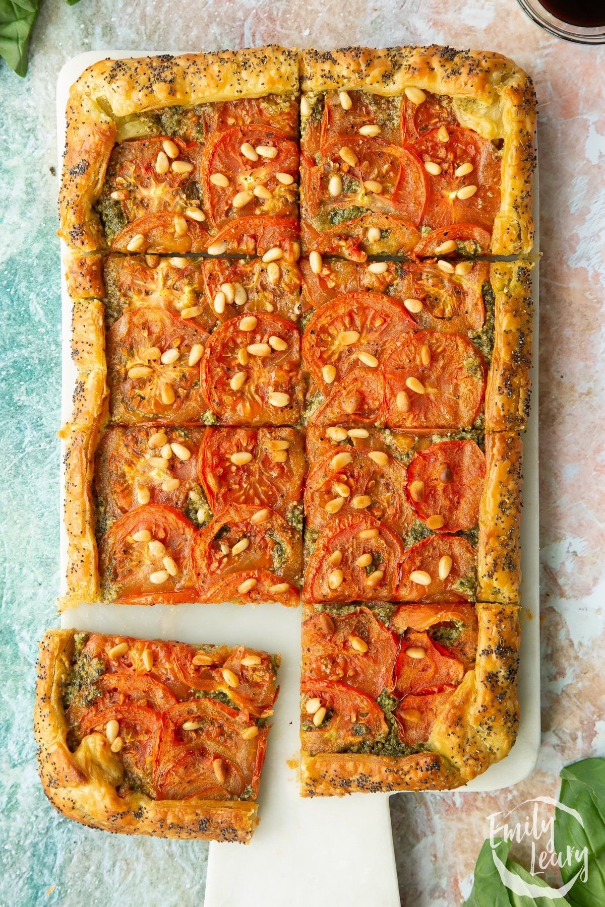 Vegan puff pastry, cut into pieces, on a serving platter. 