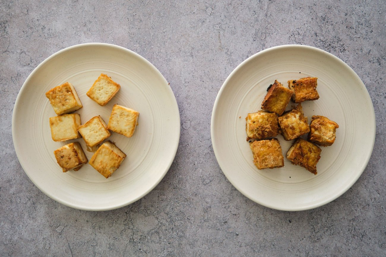 Tofu baked in the oven (left) compared to tofu stir-fried in a wok (right)