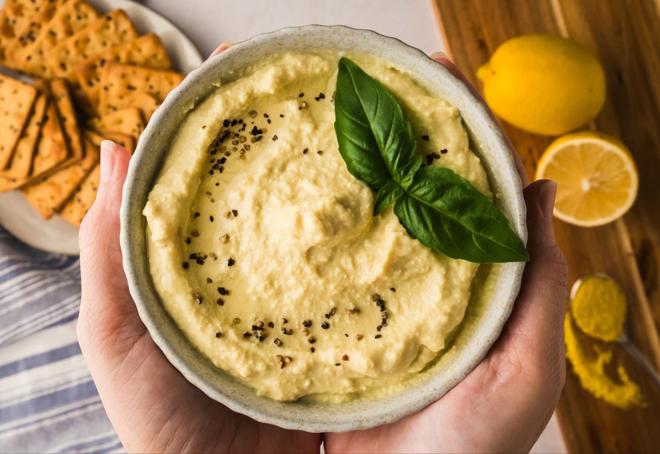 Hands holding a bowl of tofu ricotta topped with black pepper and basil; below the bowl are a plate of crackers and a cutting board with cut lemons.