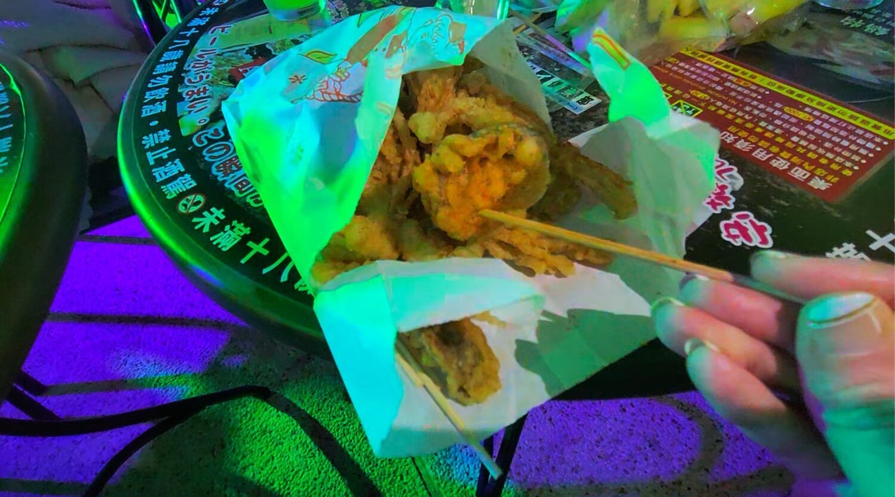 Fried mushrooms from Feng Jia Night Market. They're batter-coated and include several varieties of mushrooms.