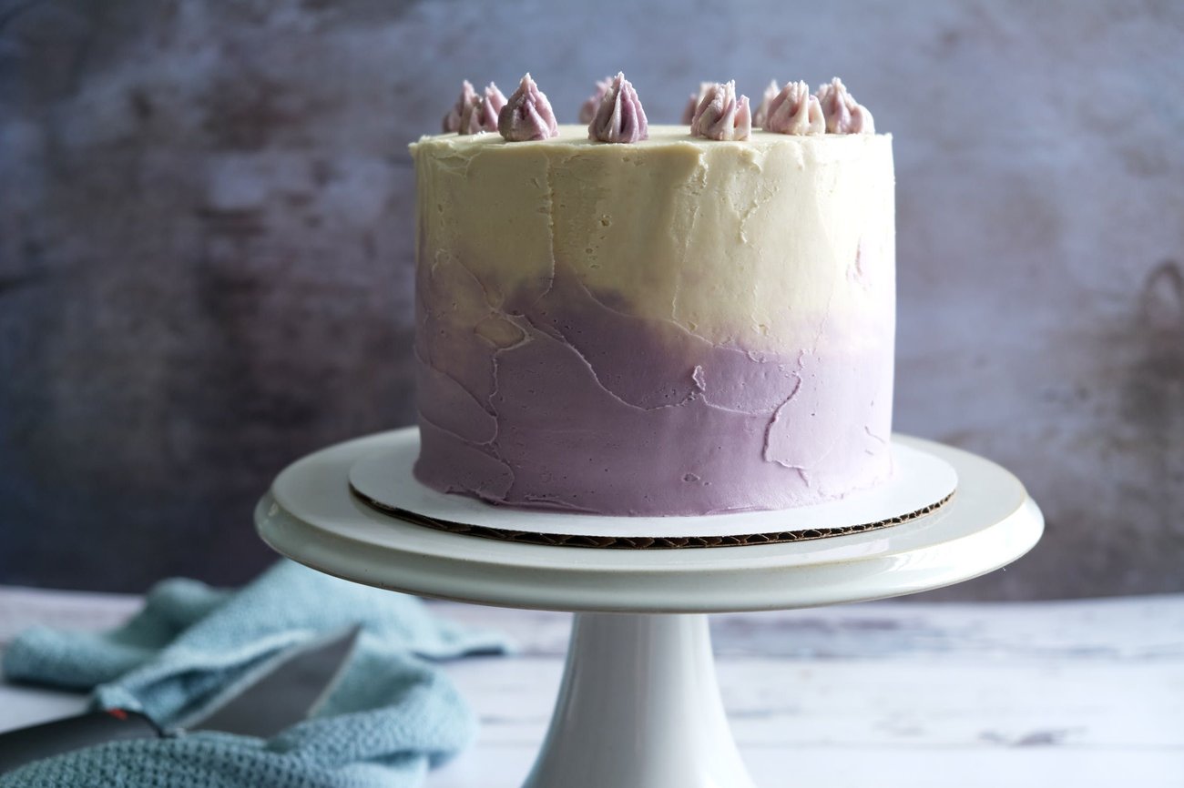 My vegan vanilla cake, frosted with buttercream frosting.