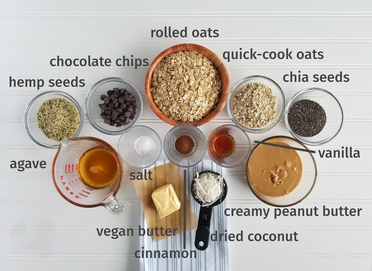 The ingredients for my chocolate chip peanut butter granola bars.