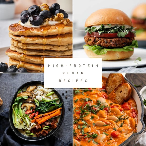 A collage of four high-protein vegan recipes, including protein pancakes, edamame burgers, vegan ramen, and creamy tomato butter beans; text says, "high-protein vegan recipes."