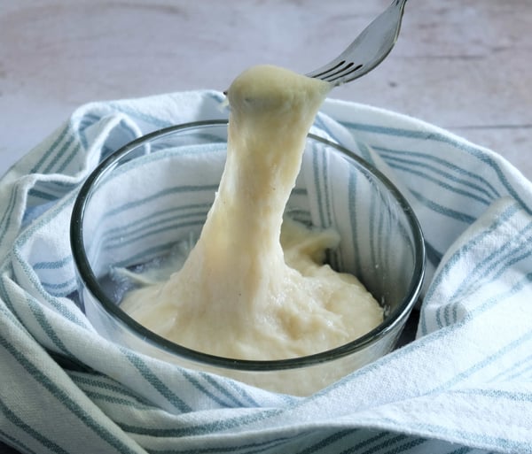 stretchy vegan mozzarella in bowl