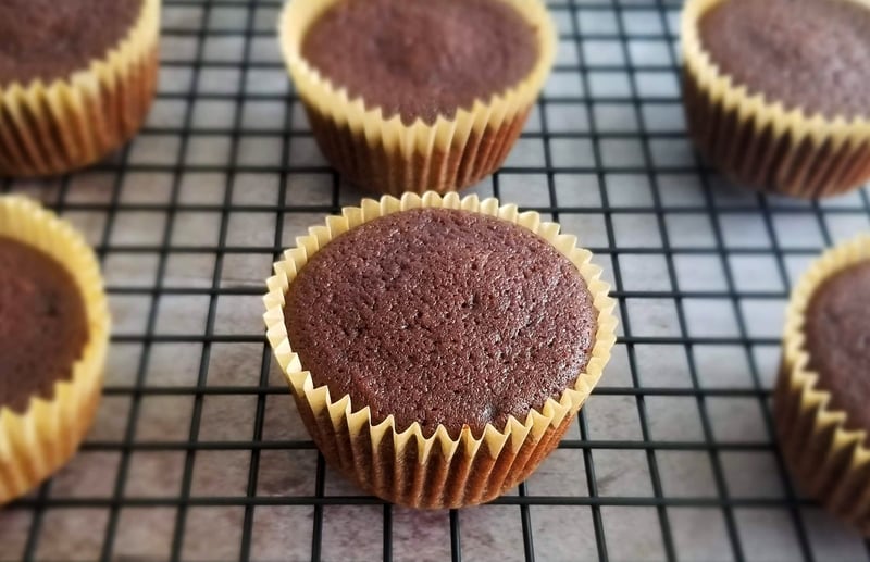 Chocolate cupcakes on a cooling rack