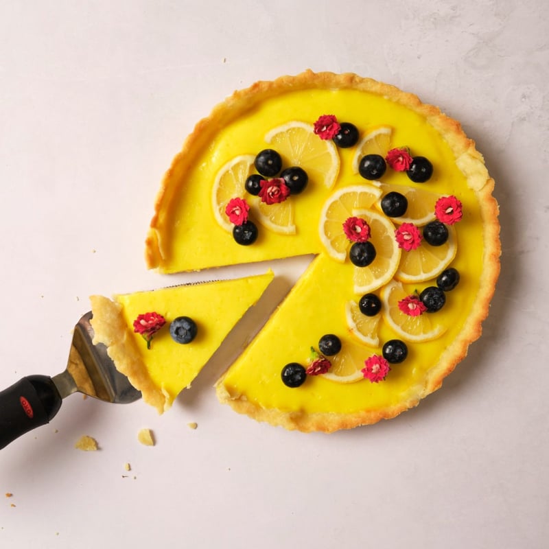 A vegan lemon tart topped with berries, flours, and lemon slices, with one slice being pulled out with a pie server.