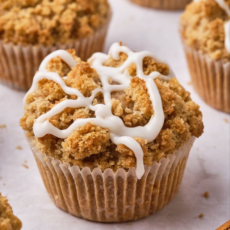A vegan apple muffin topped with streusel and an icing drizzle. 