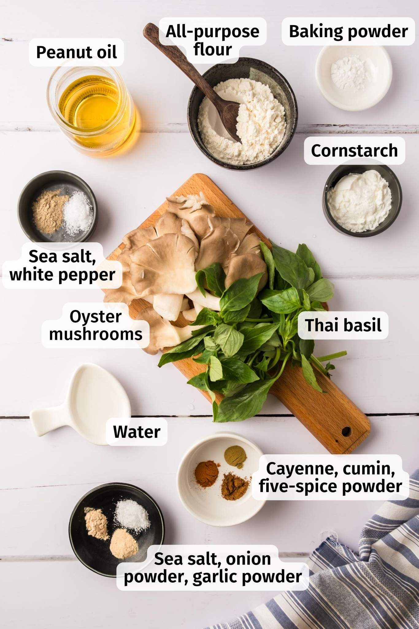 Ingredients for fried oyster mushrooms with labels.